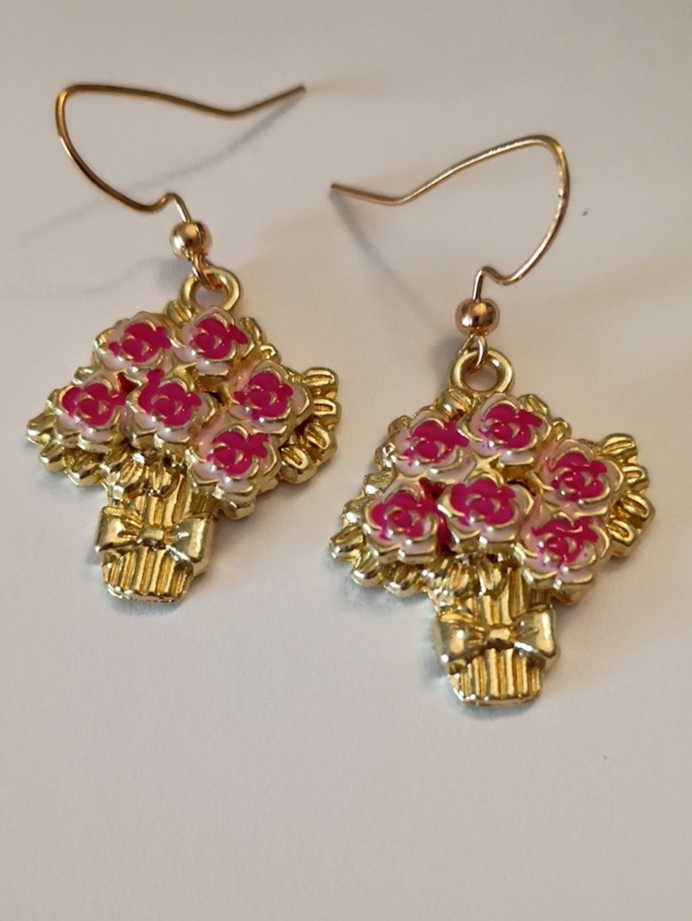 Gold-Tone Pink Floral Bouquet Dangle Earrings